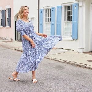 OPHELIA & INDIGO x LEMON STRIPES sz XS Amalia Puff Sleeve Midi Dress Button Belt